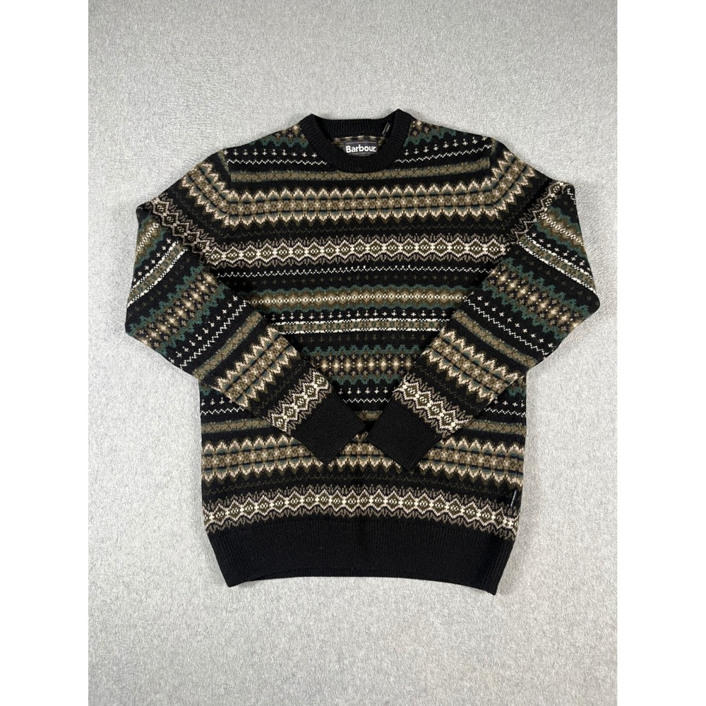 Barbour Mens Fair Isle Wool Crew Neck Sweater Black Green MKN027BK52 Size S